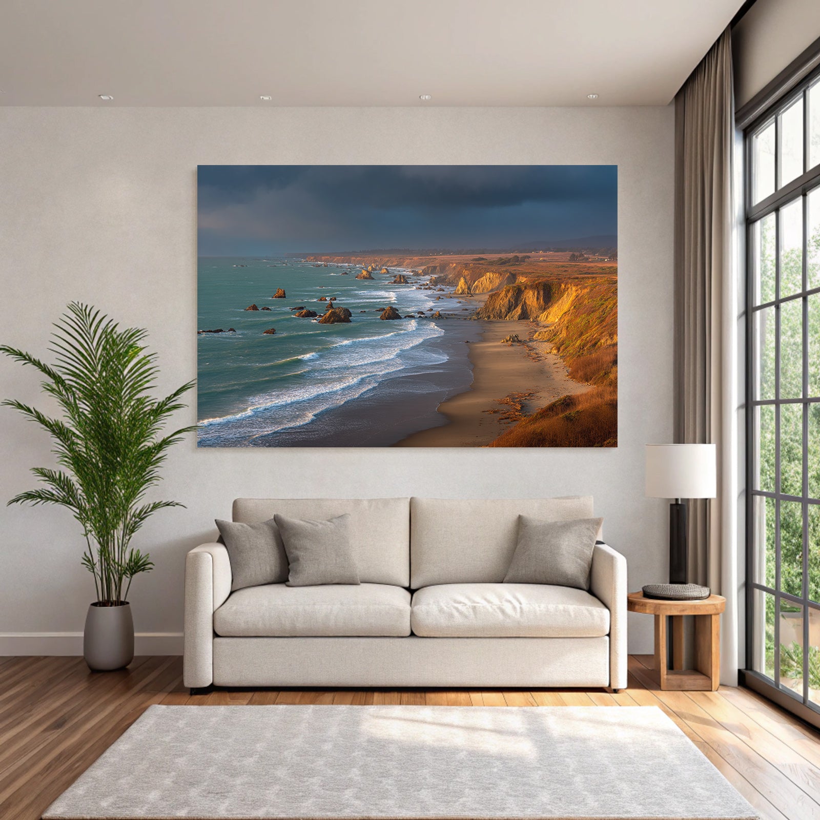 Forests and meadows coastal landscape with cliffs and rock formations at sunset