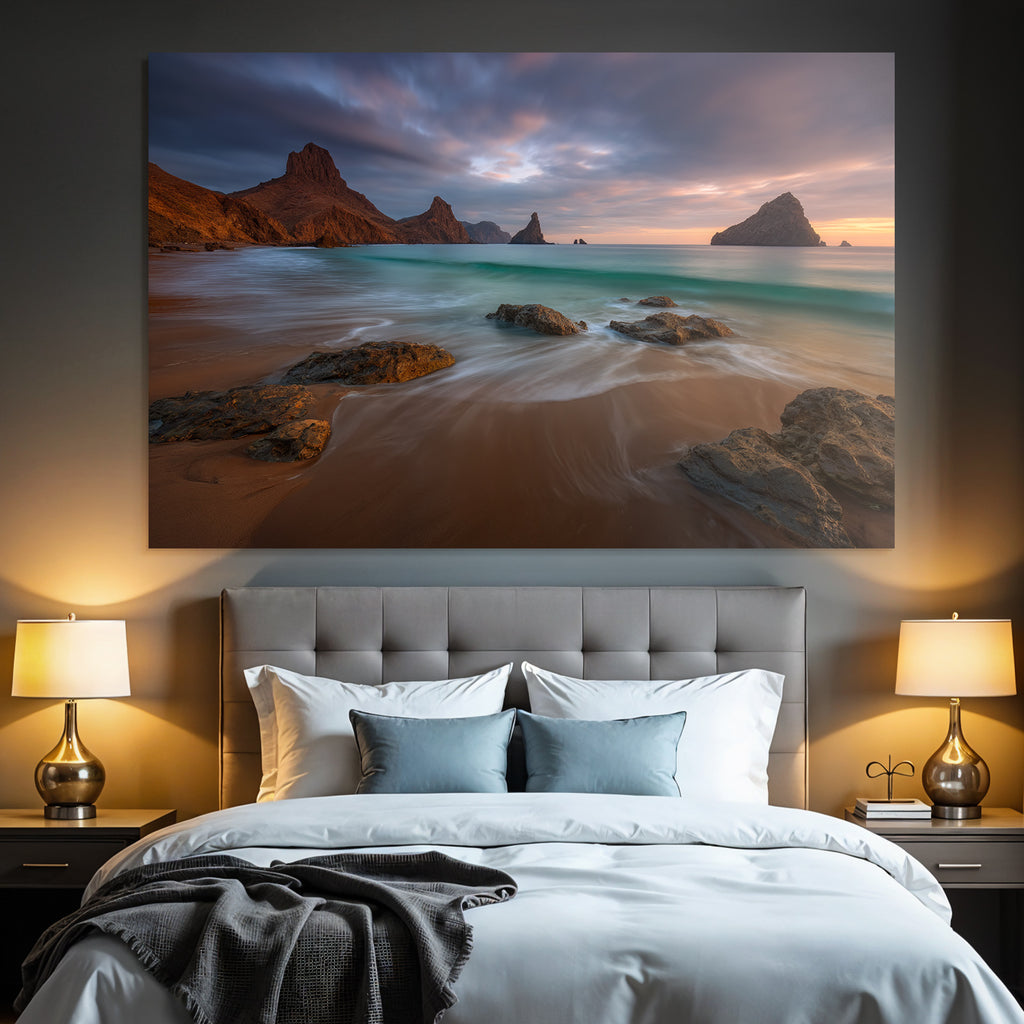 Wälder Und Wiesen Küstenszene Mit Felsen Im Meer Sonnenaufgang Oder Sonnenuntergang
