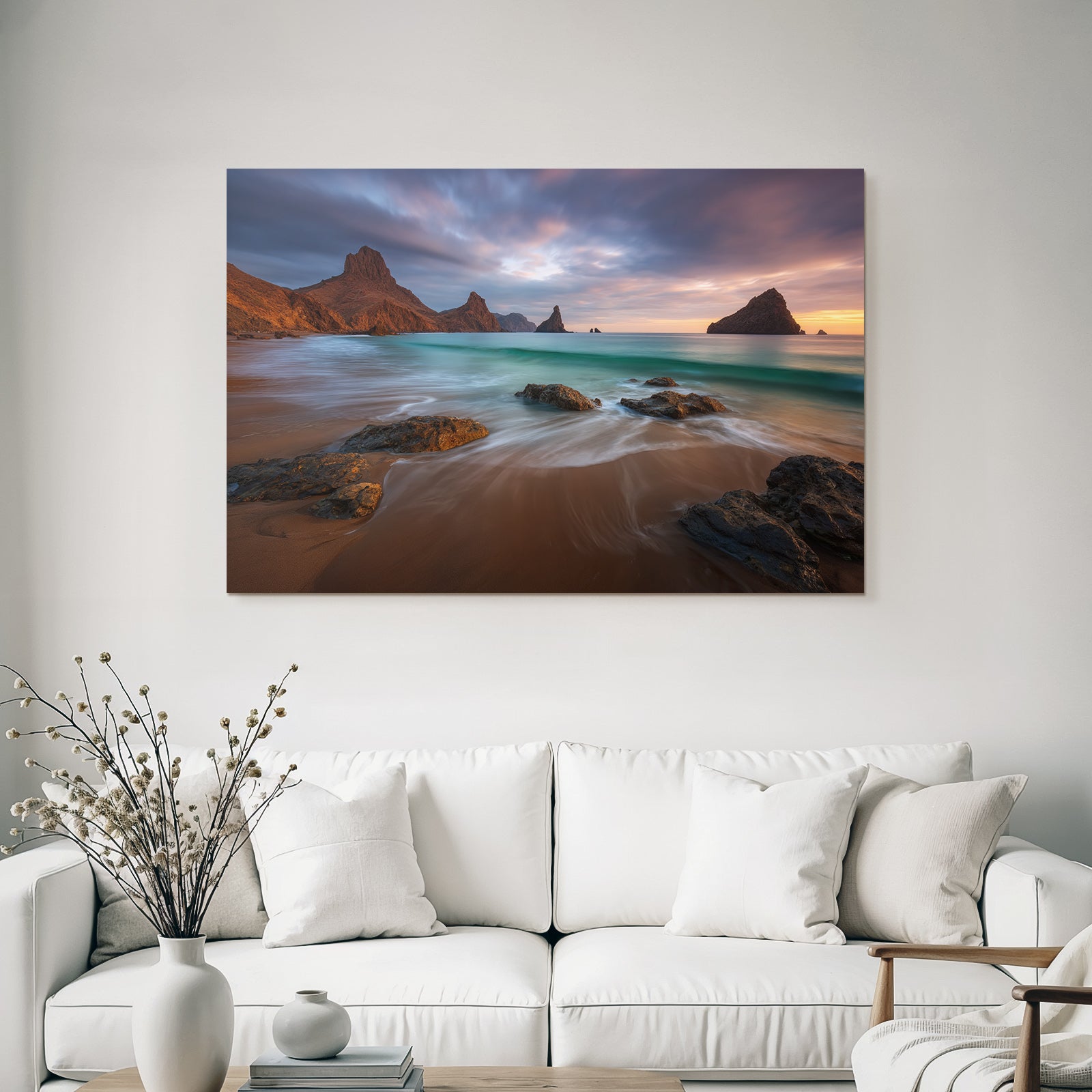 Wälder Und Wiesen Küstenszene Mit Felsen Im Meer Sonnenaufgang Oder Sonnenuntergang