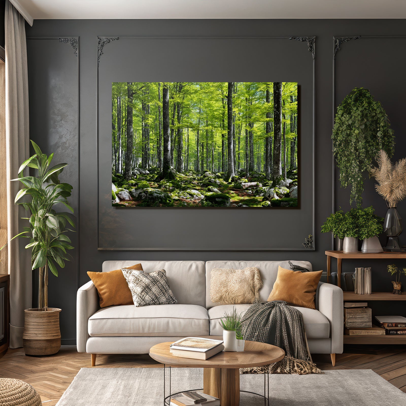 Forests and meadows Lush forest scene with trees, greenery and moss
