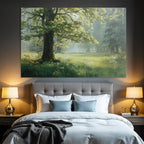 Forests and meadows. Peaceful landscape with green forest and flowers.