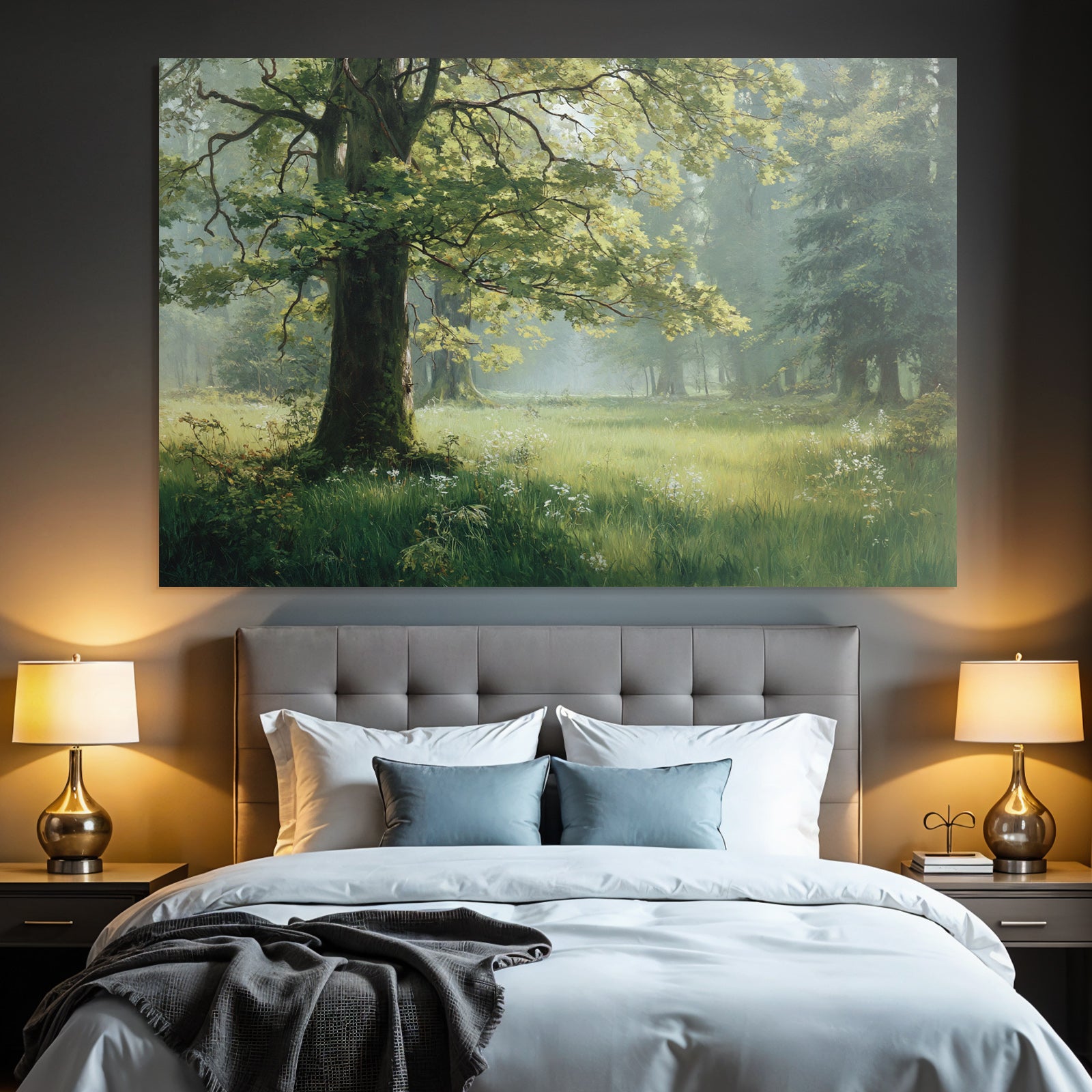 Forests and meadows. Peaceful landscape with green forest and flowers.