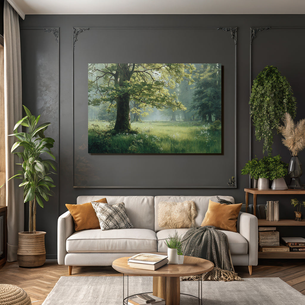 Forests and meadows. Peaceful landscape with green forest and flowers.