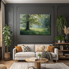 Forests and meadows. Peaceful landscape with green forest and flowers.