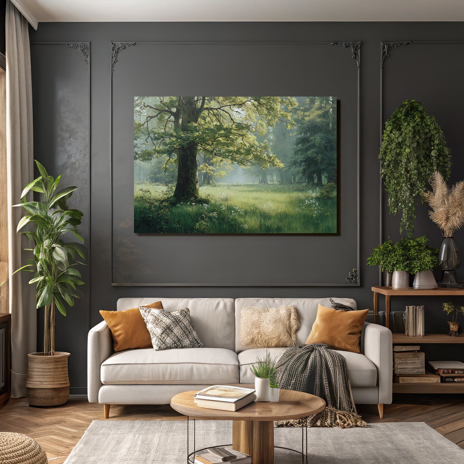 Forests and meadows. Peaceful landscape with green forest and flowers.