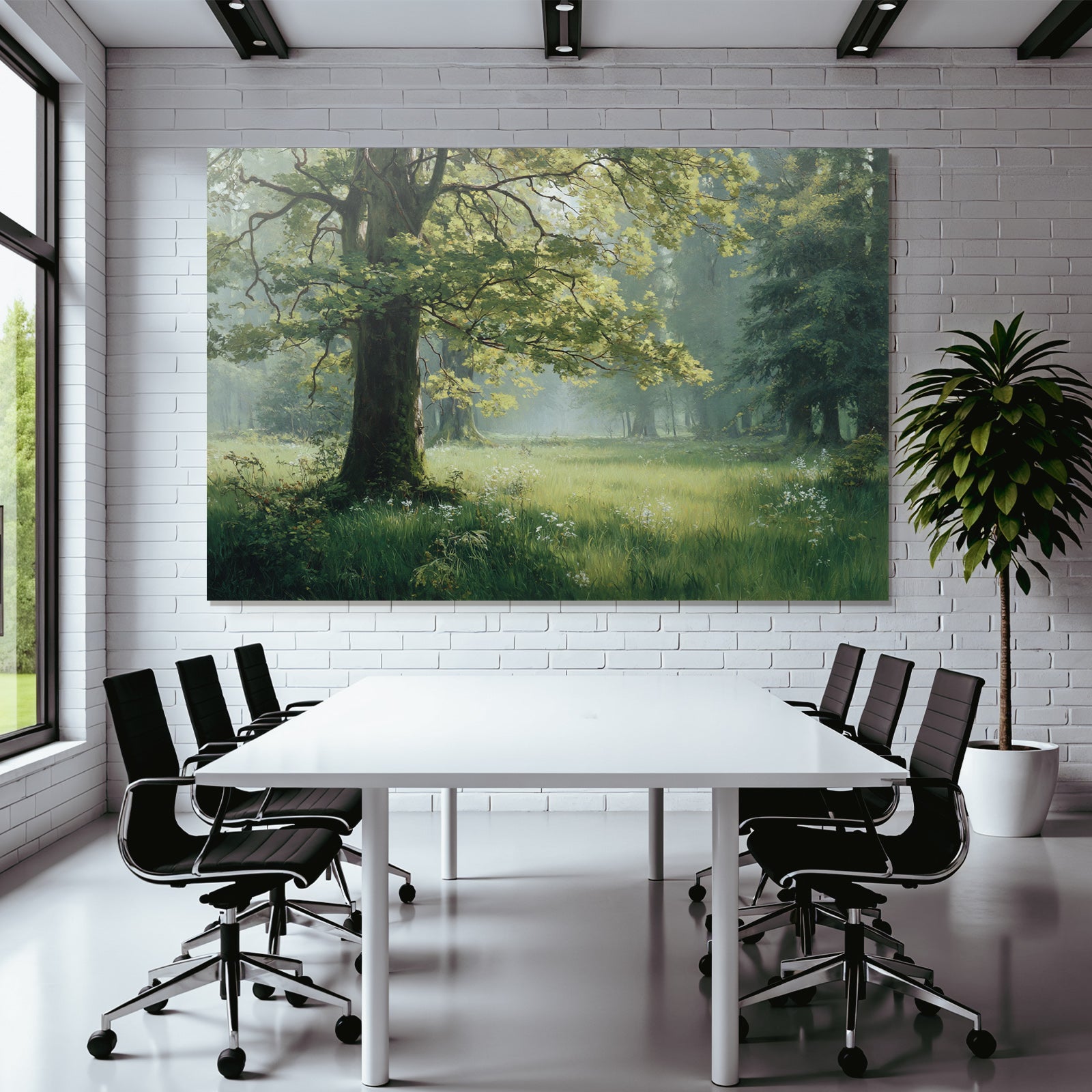 Forests and meadows. Peaceful landscape with green forest and flowers.
