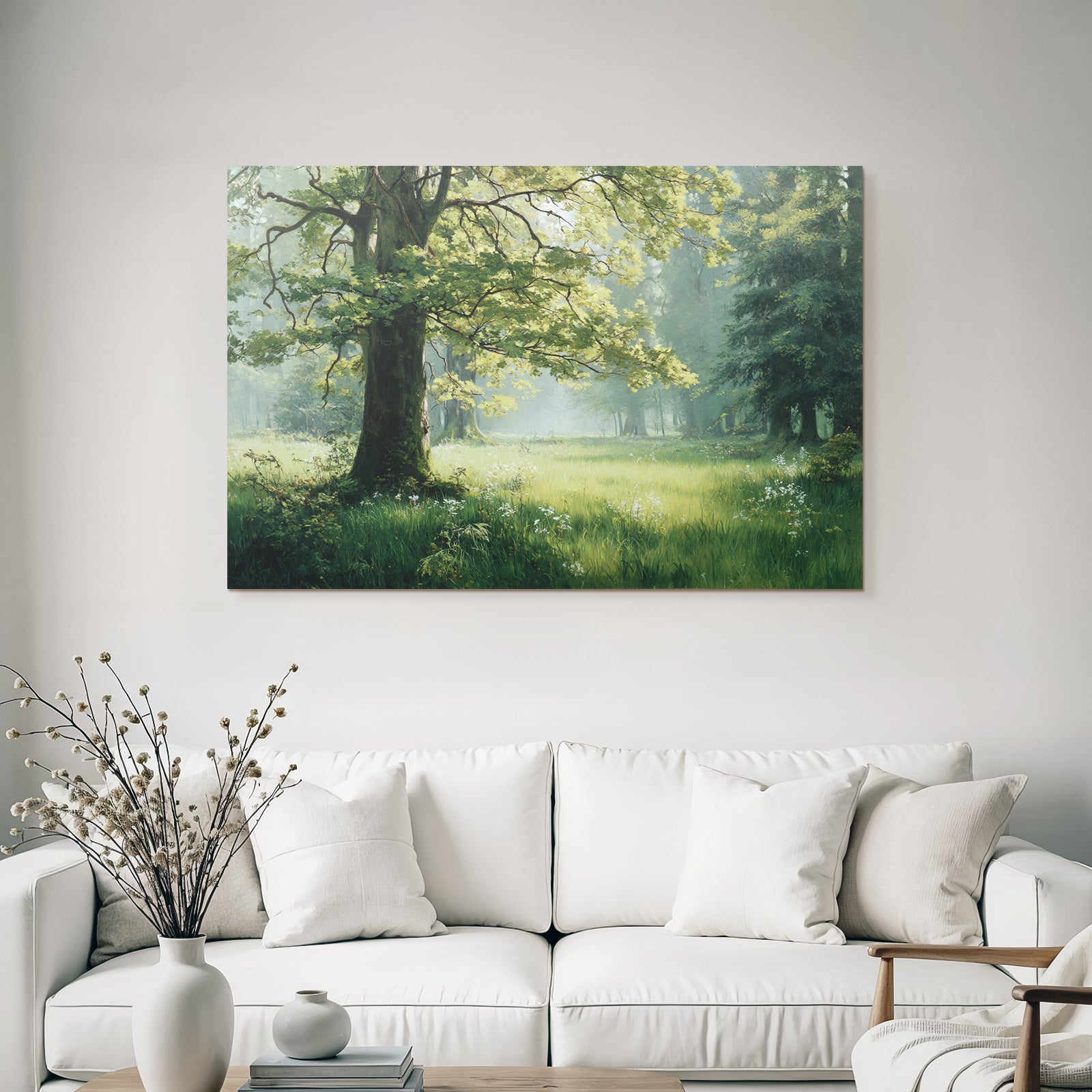 Forests and meadows. Peaceful landscape with green forest and flowers.