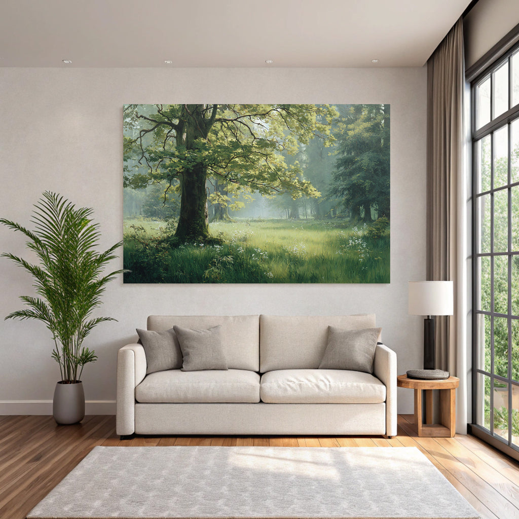 Forests and meadows. Peaceful landscape with green forest and flowers.