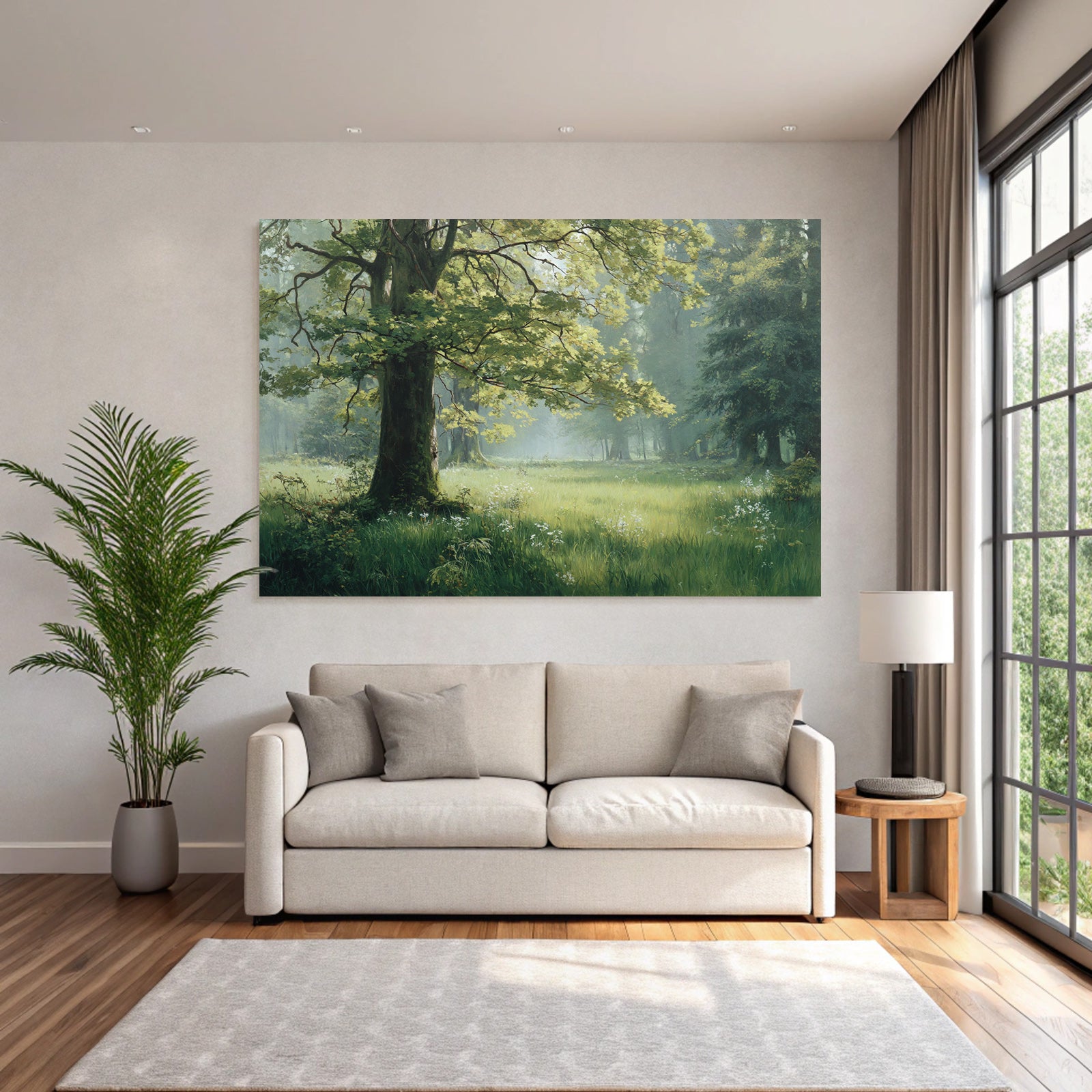 Forests and meadows. Peaceful landscape with green forest and flowers.