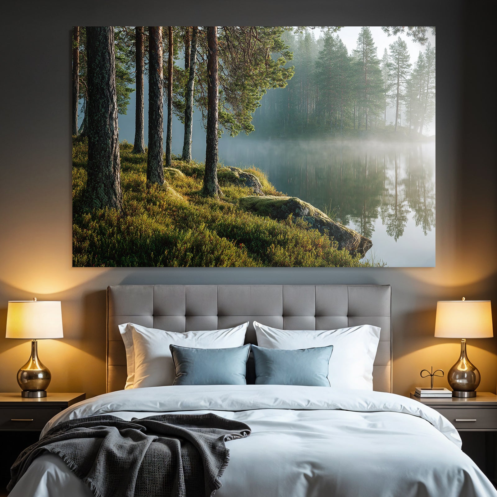 Wälder Und Wiesen Ruhige Natur Landschaft Mit See Bäumen Und Nebel