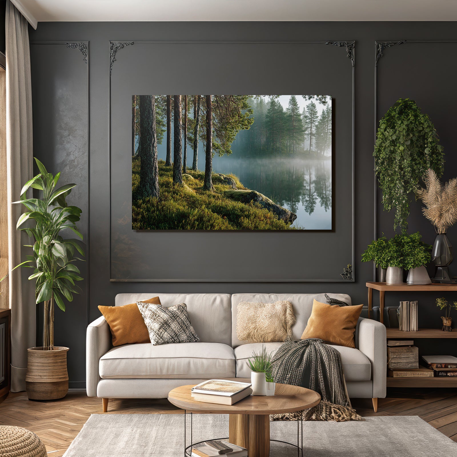 Wälder Und Wiesen Ruhige Natur Landschaft Mit See Bäumen Und Nebel