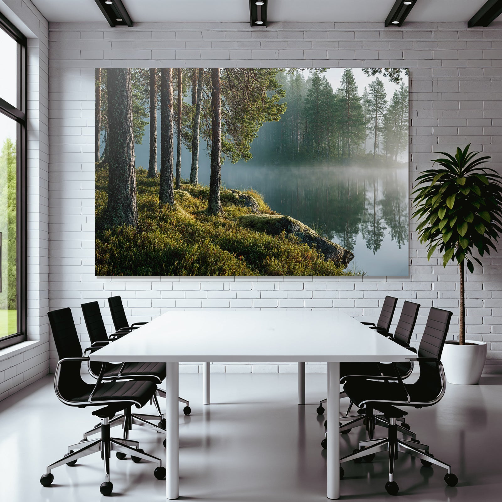 Wälder Und Wiesen Ruhige Natur Landschaft Mit See Bäumen Und Nebel