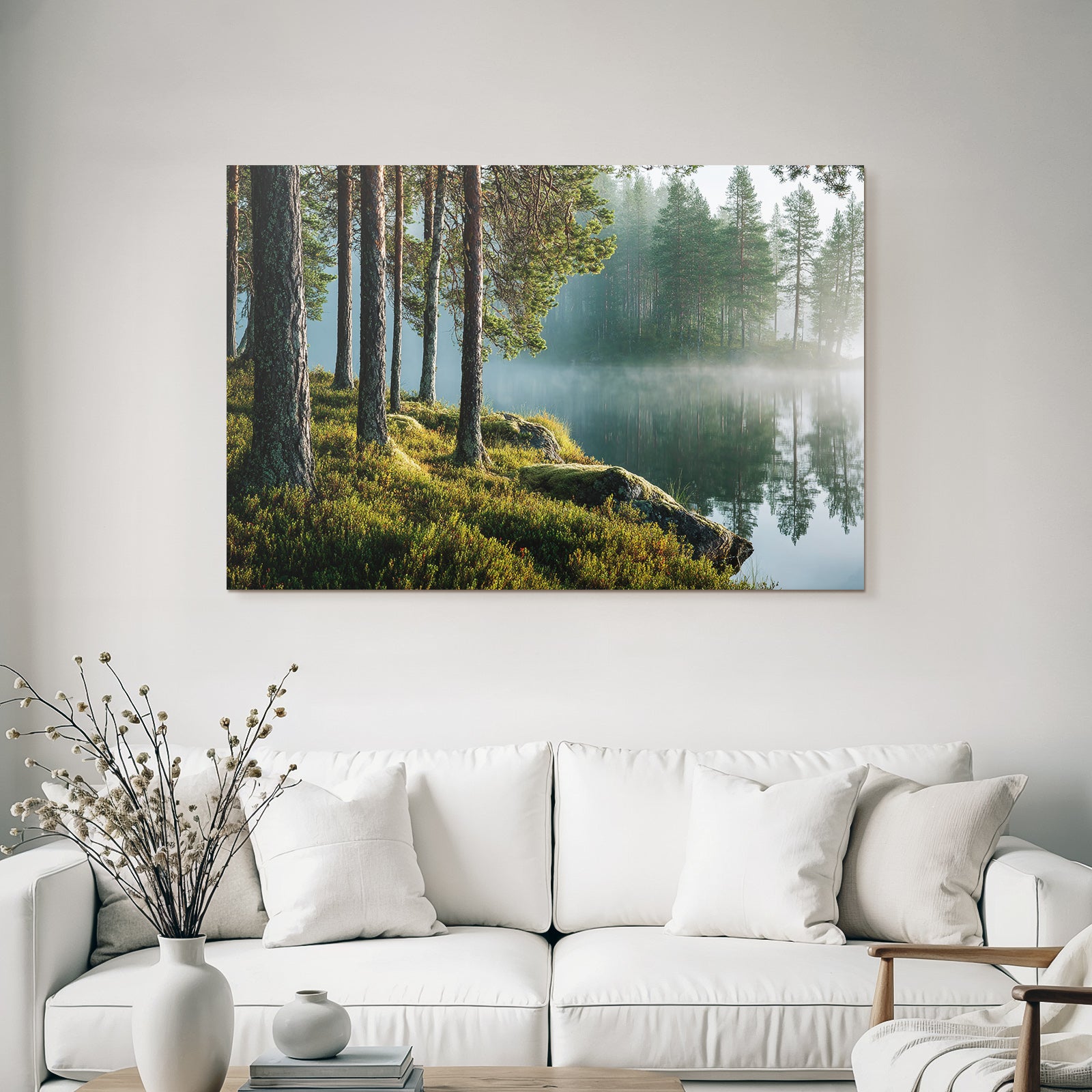 Wälder Und Wiesen Ruhige Natur Landschaft Mit See Bäumen Und Nebel