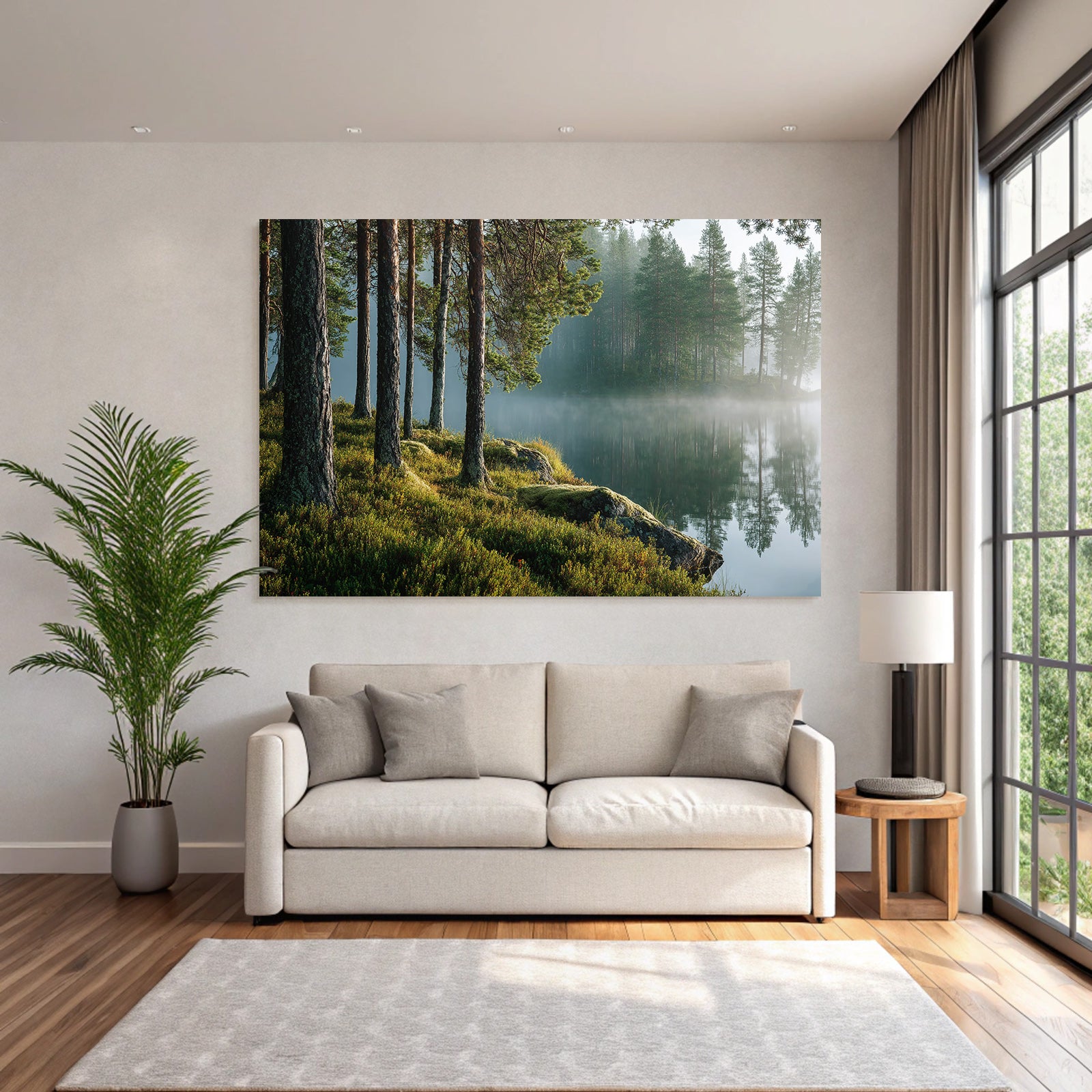 Wälder Und Wiesen Ruhige Natur Landschaft Mit See Bäumen Und Nebel
