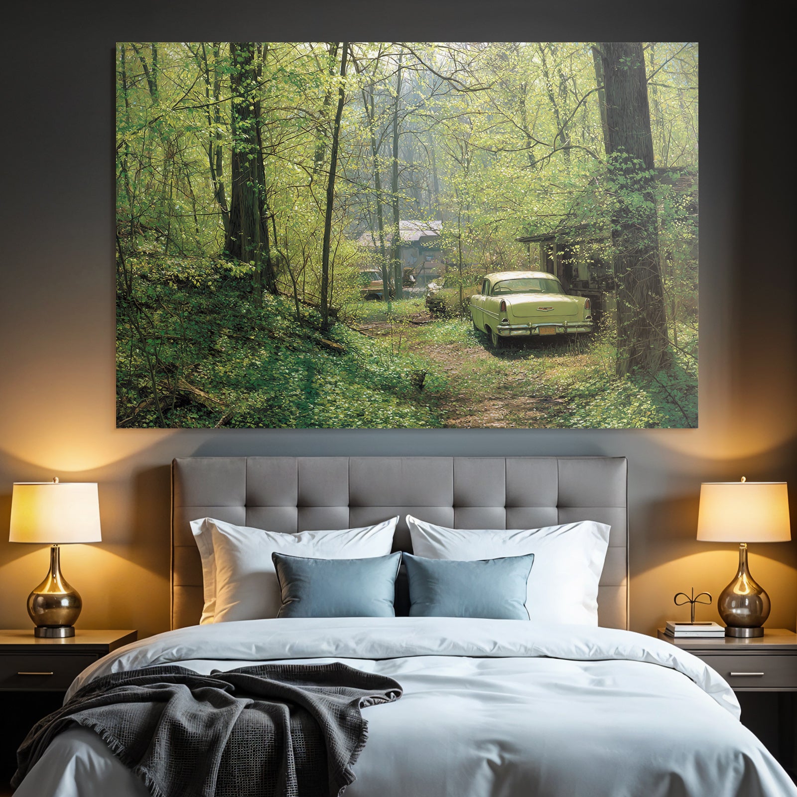 Forests and meadows. Tranquil nature scene with vintage cars and green trees.