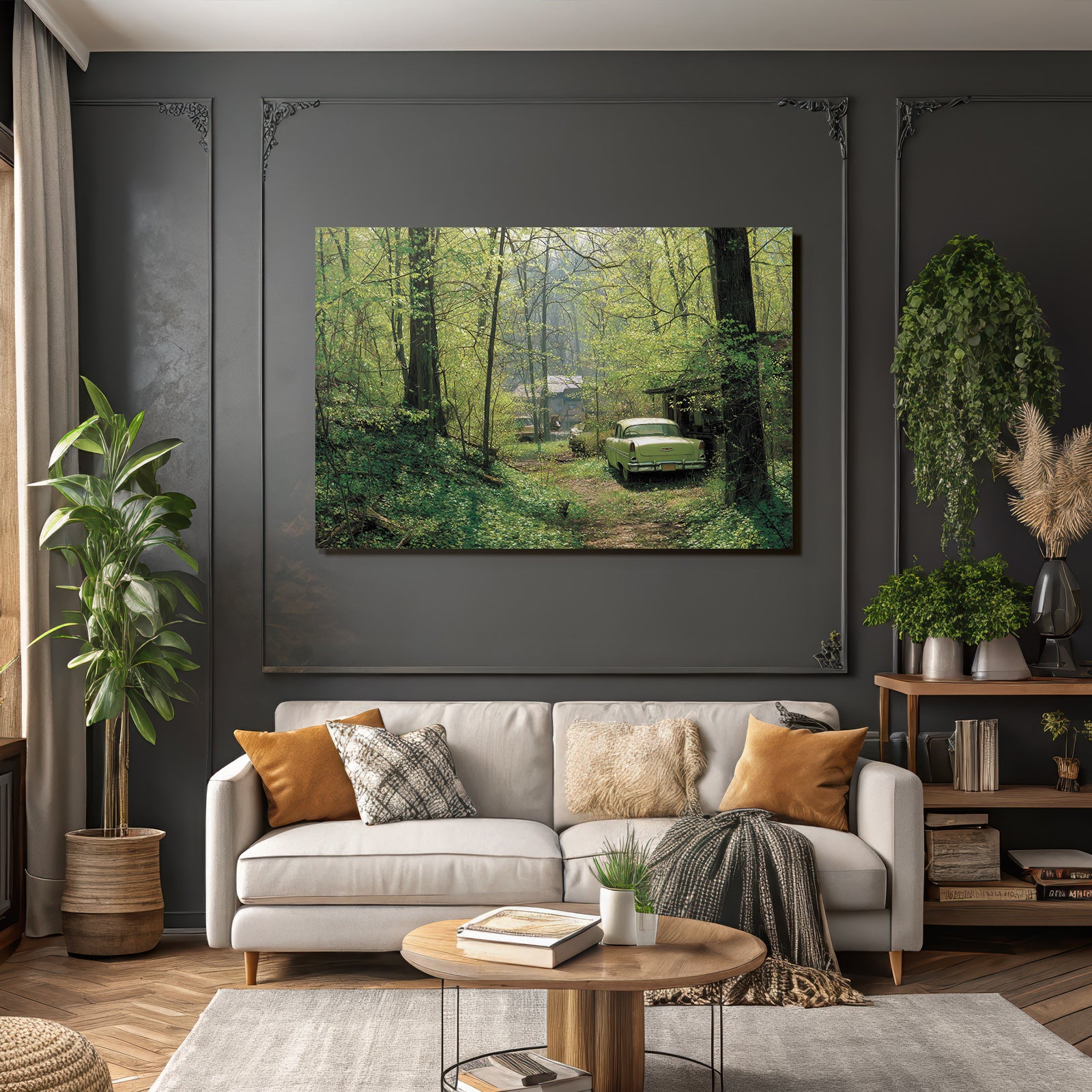 Forests and meadows. Tranquil nature scene with vintage cars and green trees.