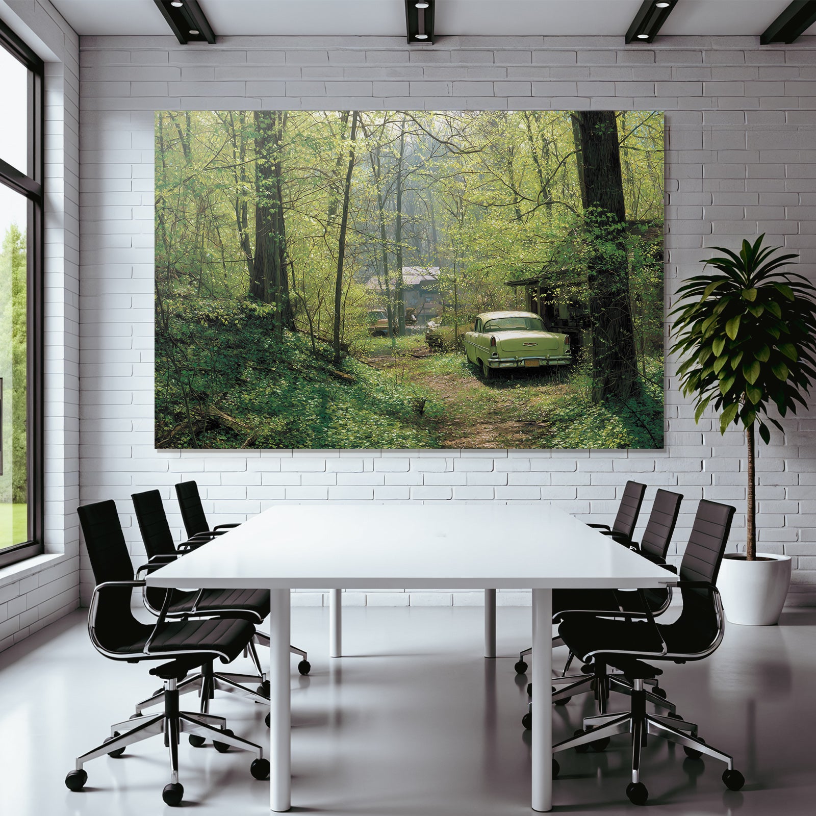 Forests and meadows. Tranquil nature scene with vintage cars and green trees.
