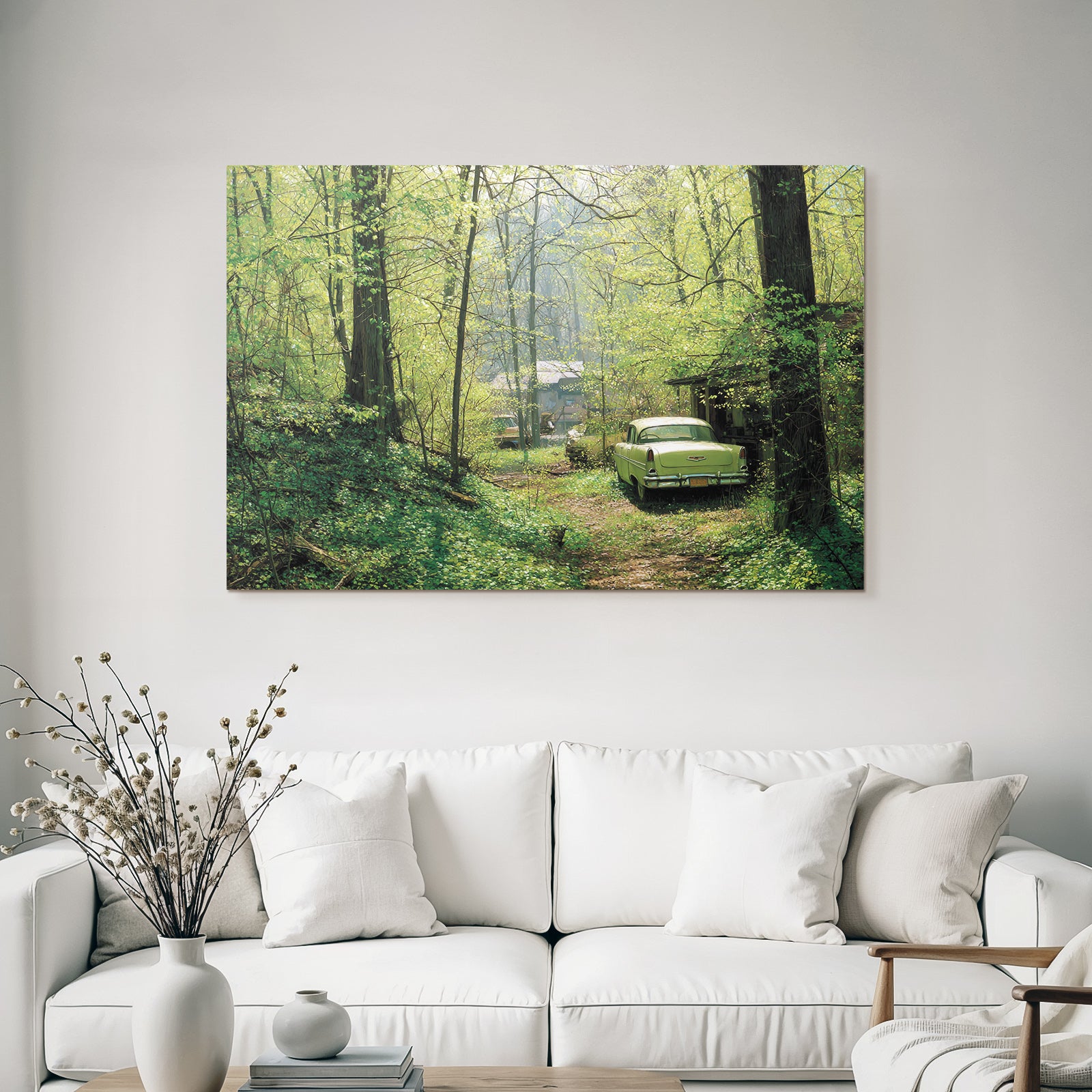 Forests and meadows. Tranquil nature scene with vintage cars and green trees.