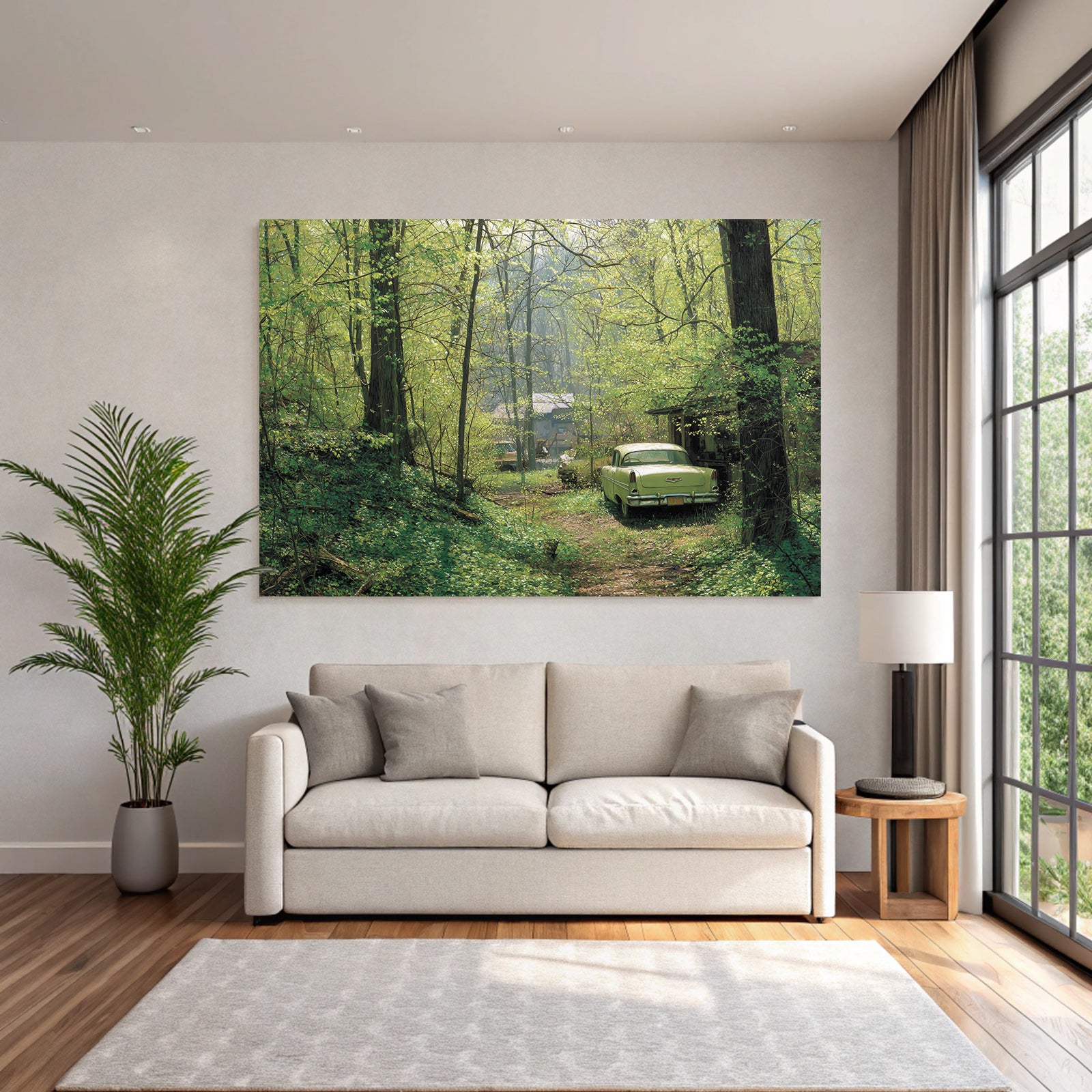 Forests and meadows. Tranquil nature scene with vintage cars and green trees.
