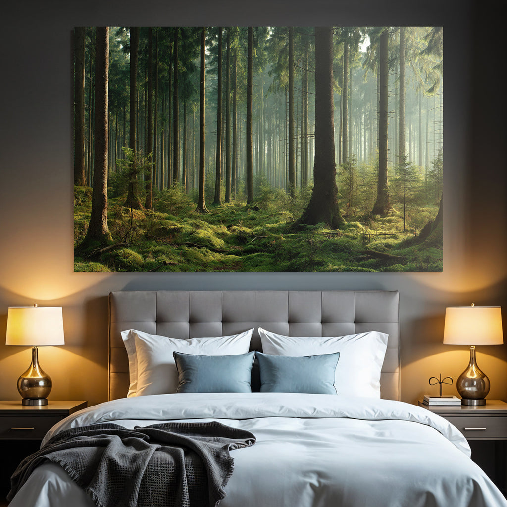 Forests and meadows. Quiet forest with trees, green moss and soft light.