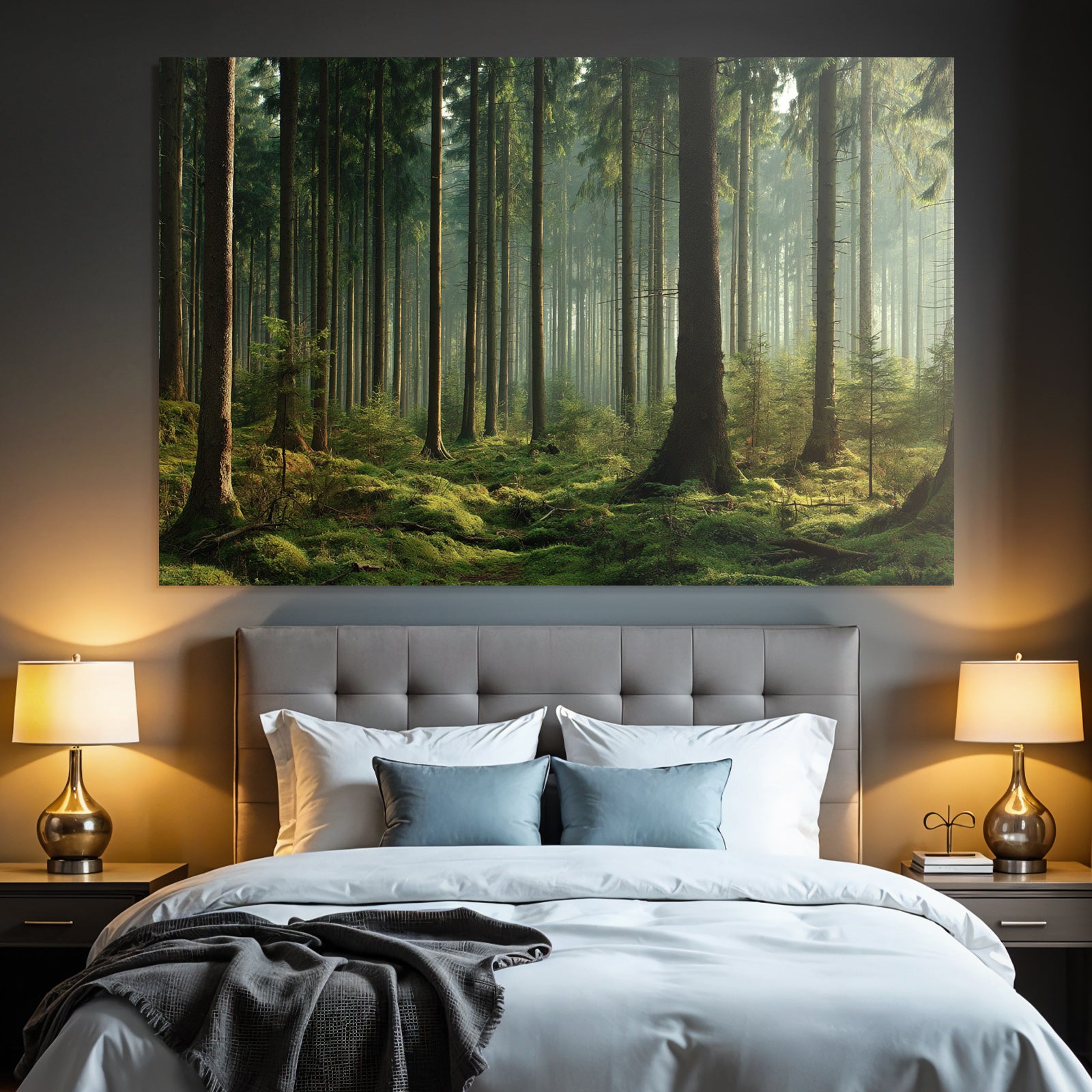 Forests and meadows. Quiet forest with trees, green moss and soft light.
