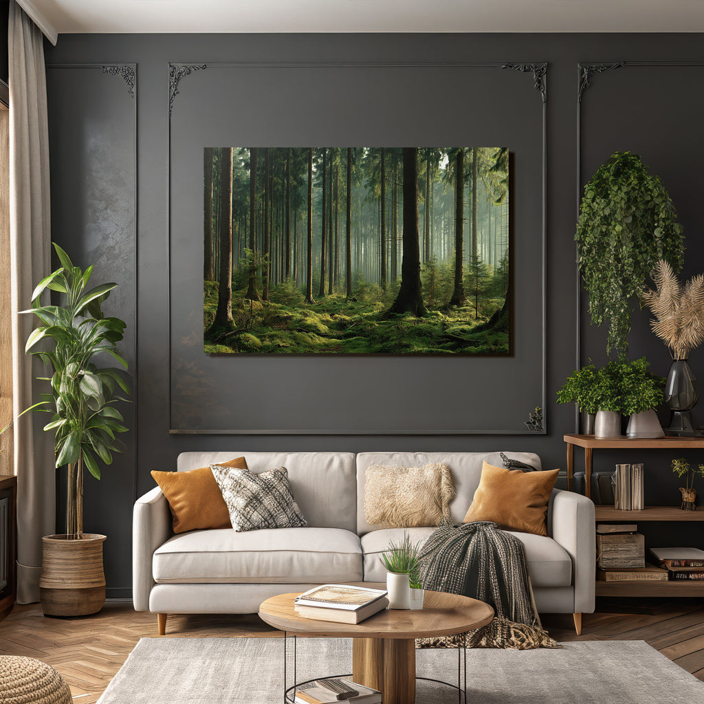 Forests and meadows. Quiet forest with trees, green moss and soft light.