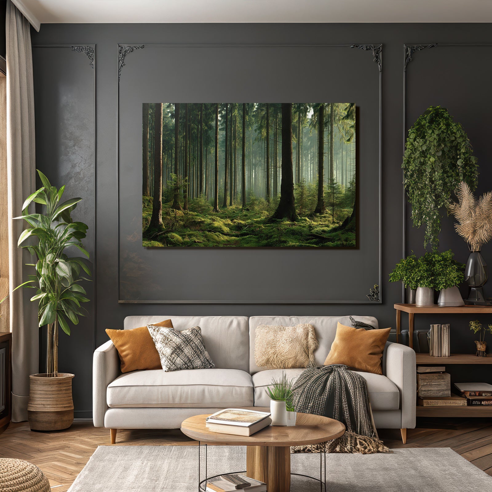 Forests and meadows. Quiet forest with trees, green moss and soft light.