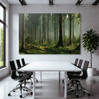 Forests and meadows. Quiet forest with trees, green moss and soft light.