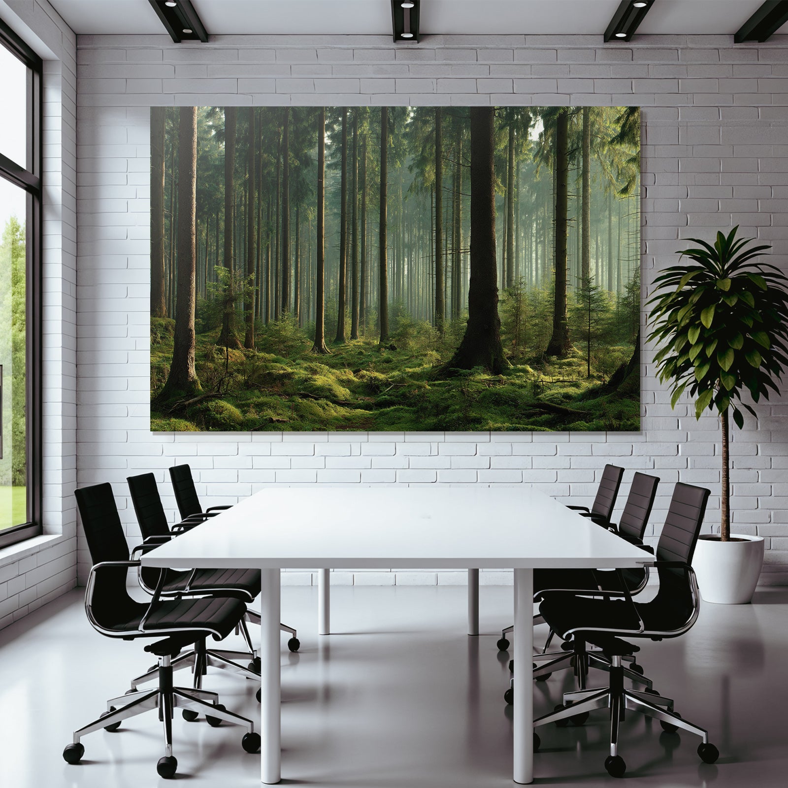 Forests and meadows. Quiet forest with trees, green moss and soft light.