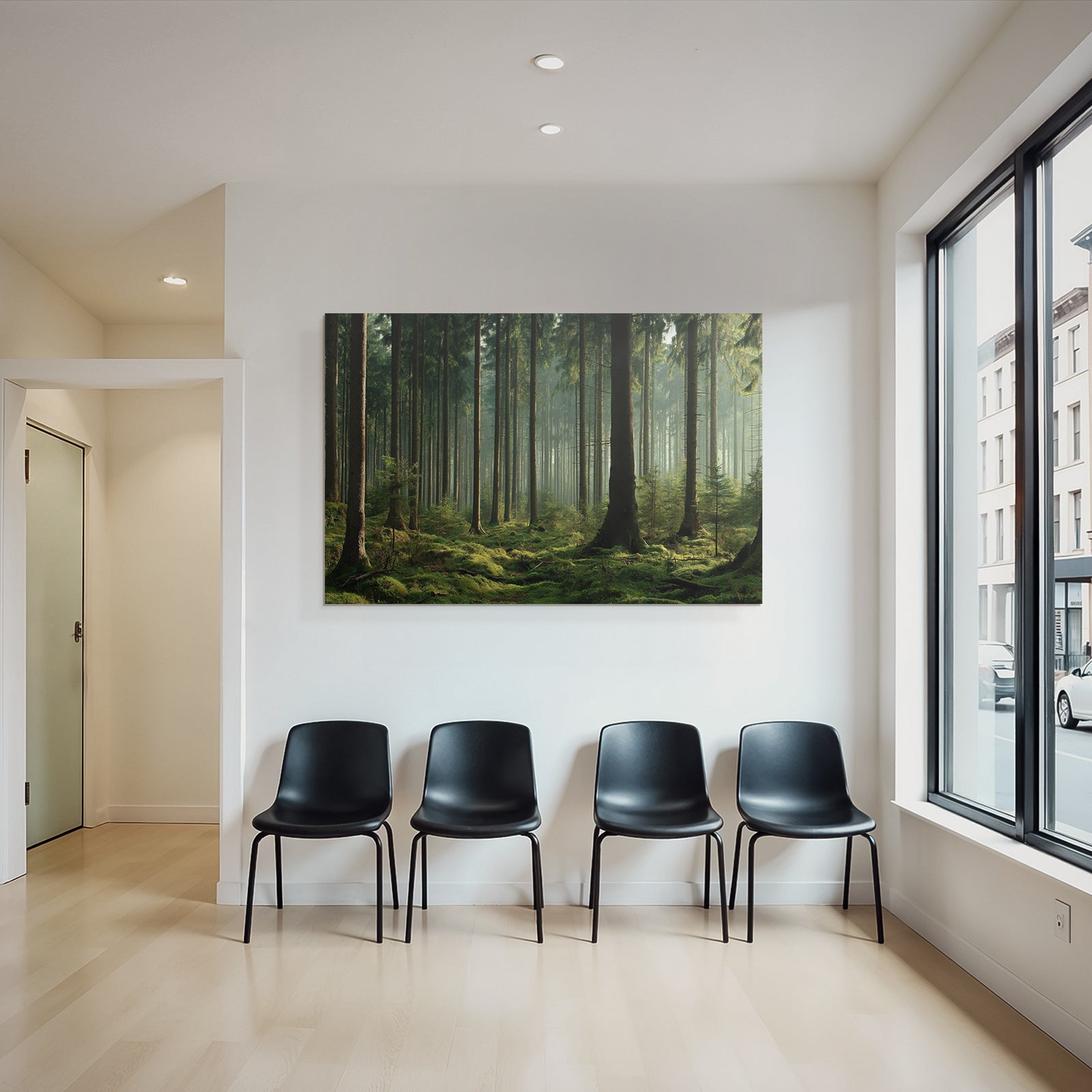 Forests and meadows. Quiet forest with trees, green moss and soft light.