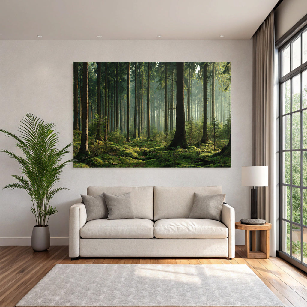 Forests and meadows. Quiet forest with trees, green moss and soft light.