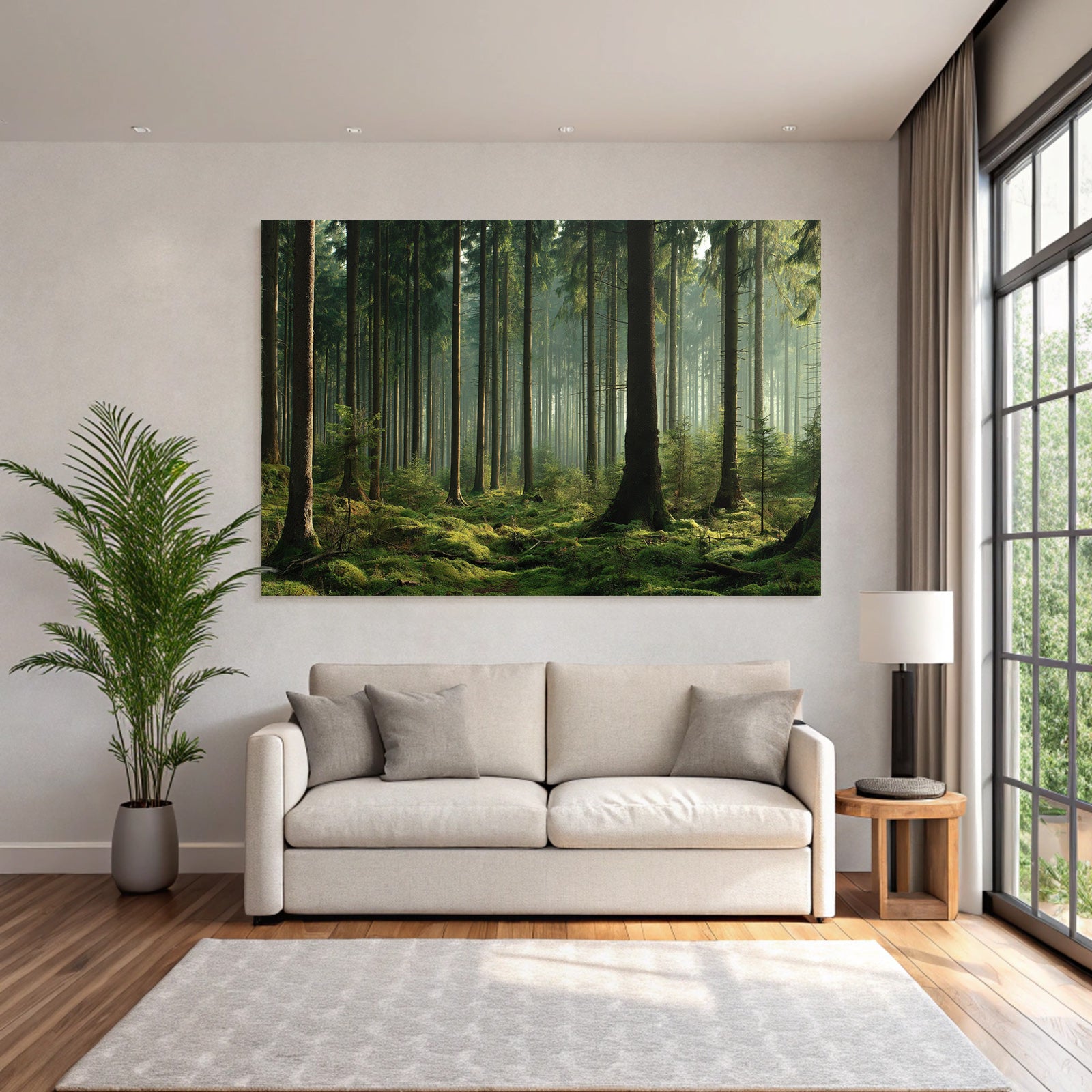 Forests and meadows. Quiet forest with trees, green moss and soft light.