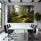 Forests and meadows Quiet forest with light through leaves, moss and ferns