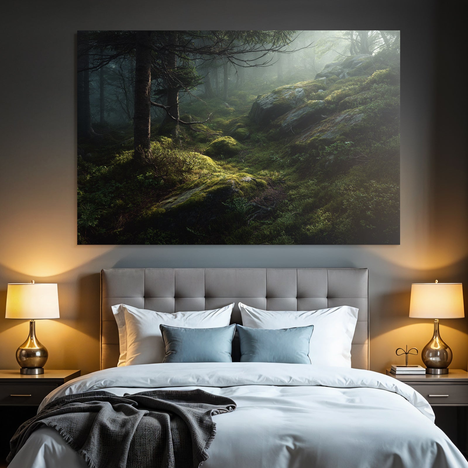 Forests and meadows Quiet forest with fog Moss-covered ground and stones