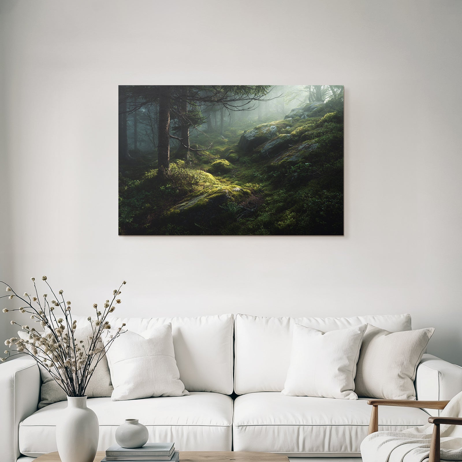 Forests and meadows Quiet forest with fog Moss-covered ground and stones
