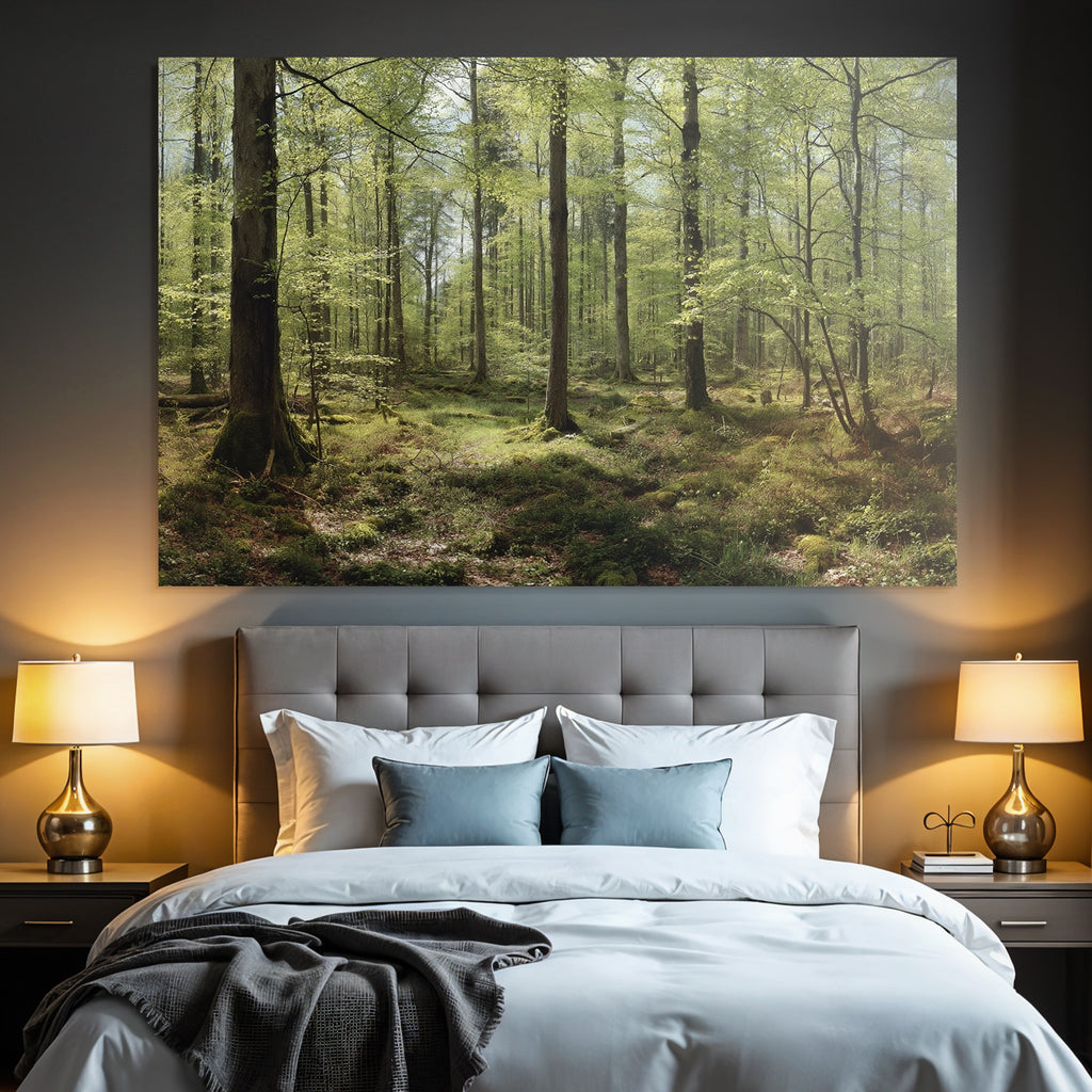 Forests and meadows. Tranquil forest scene with green trees and moss.