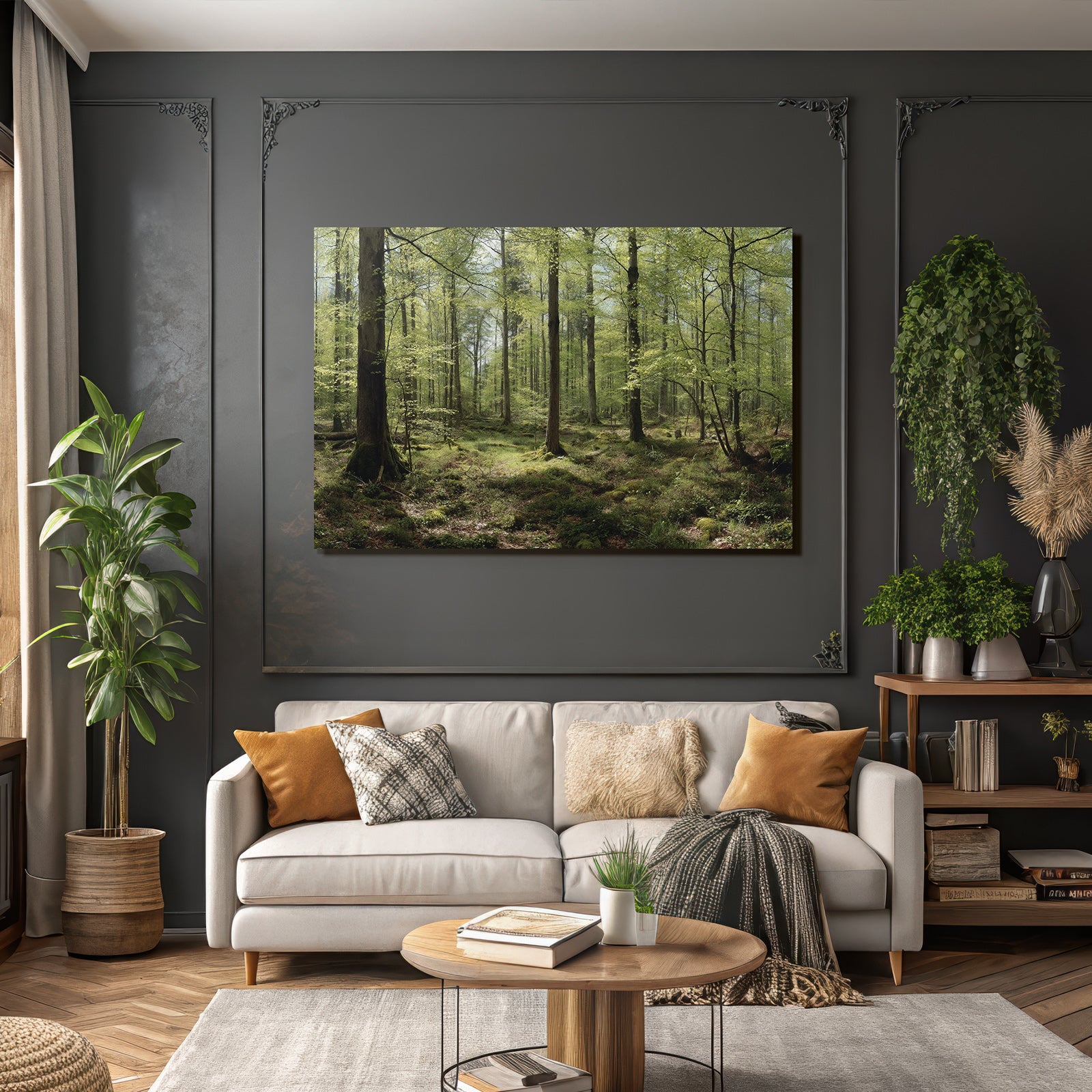 Forests and meadows. Tranquil forest scene with green trees and moss.