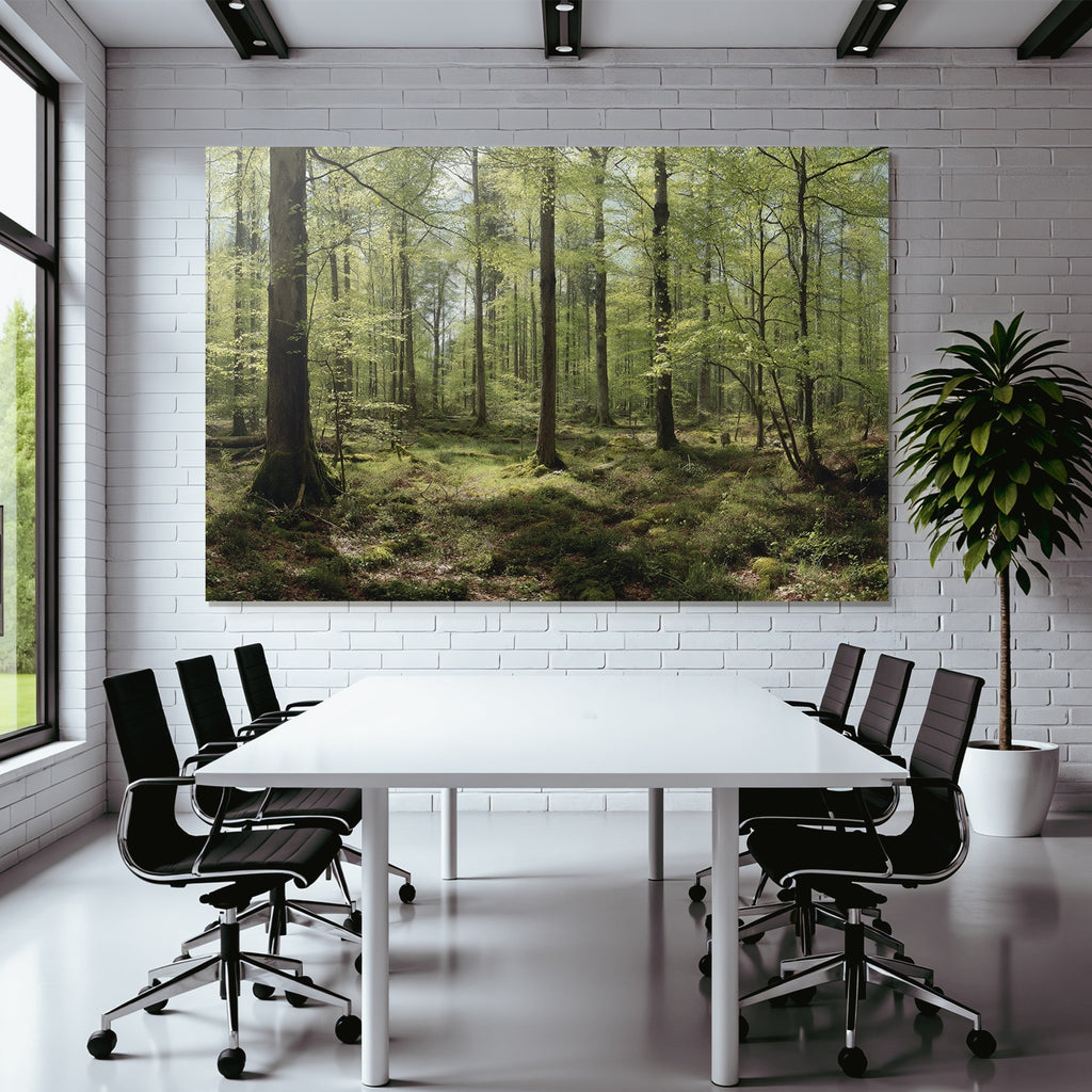 Forests and meadows. Tranquil forest scene with green trees and moss.
