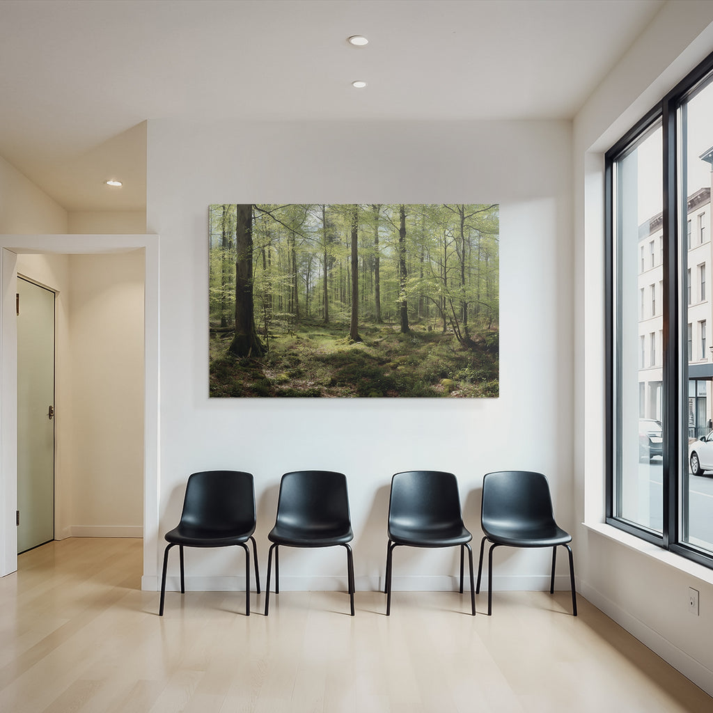 Forests and meadows. Tranquil forest scene with green trees and moss.