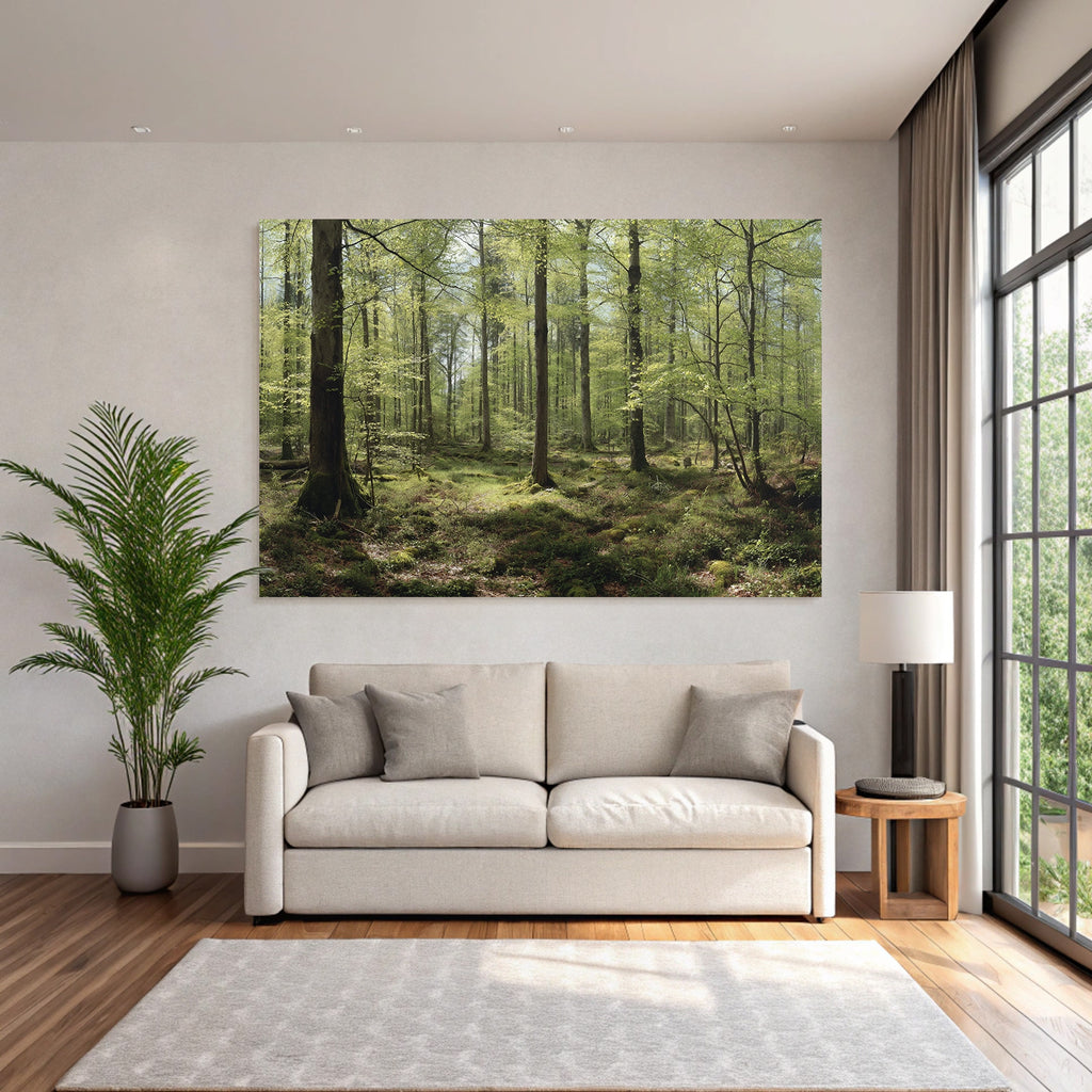 Forests and meadows. Tranquil forest scene with green trees and moss.