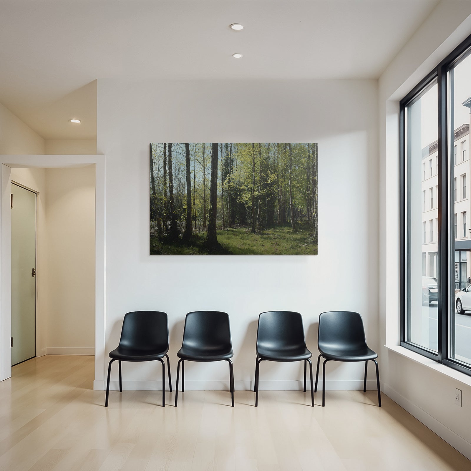 Forests and meadows. Tranquil forest scene with green trees and sunlight.