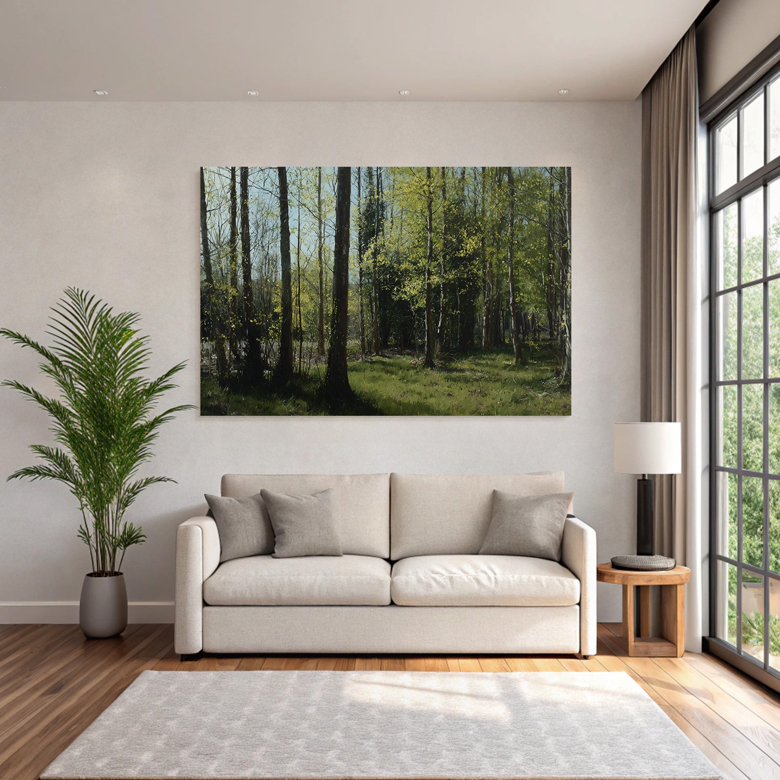 Forests and meadows. Tranquil forest scene with green trees and sunlight.