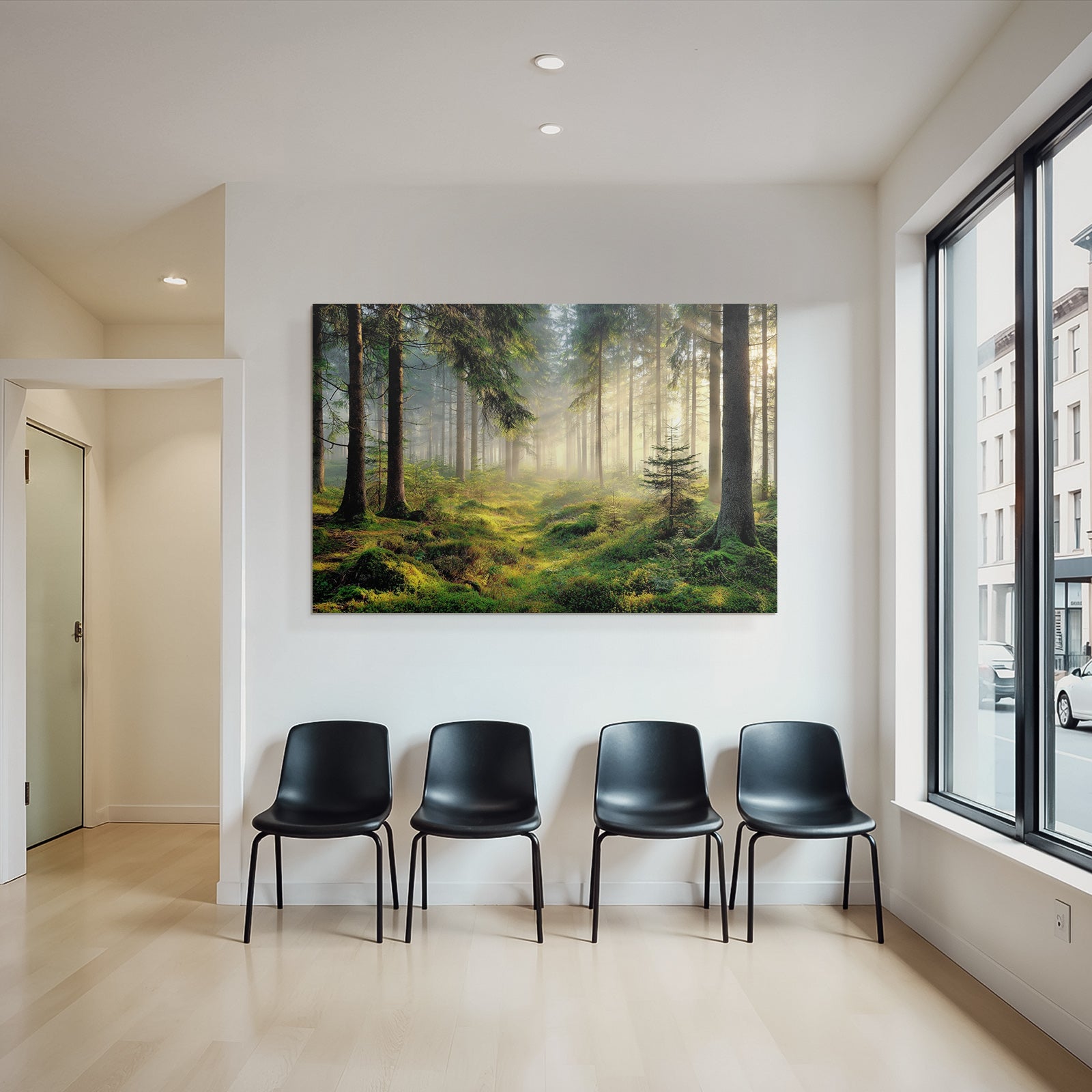 Forests and meadows, tranquil forest landscape with fog and lush vegetation