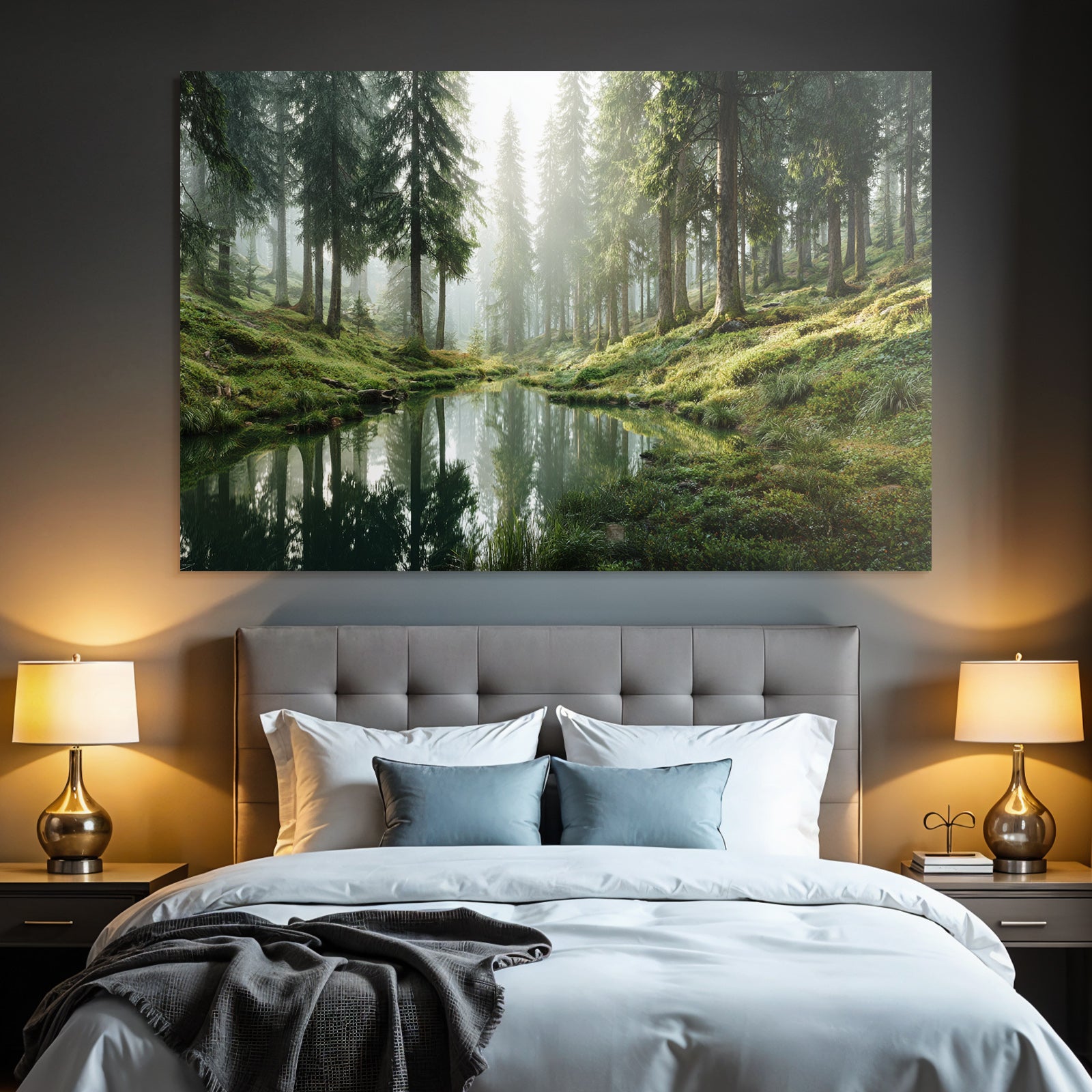 Forests and meadows. Tranquil forest scene with water reflections. Peaceful nature atmosphere.