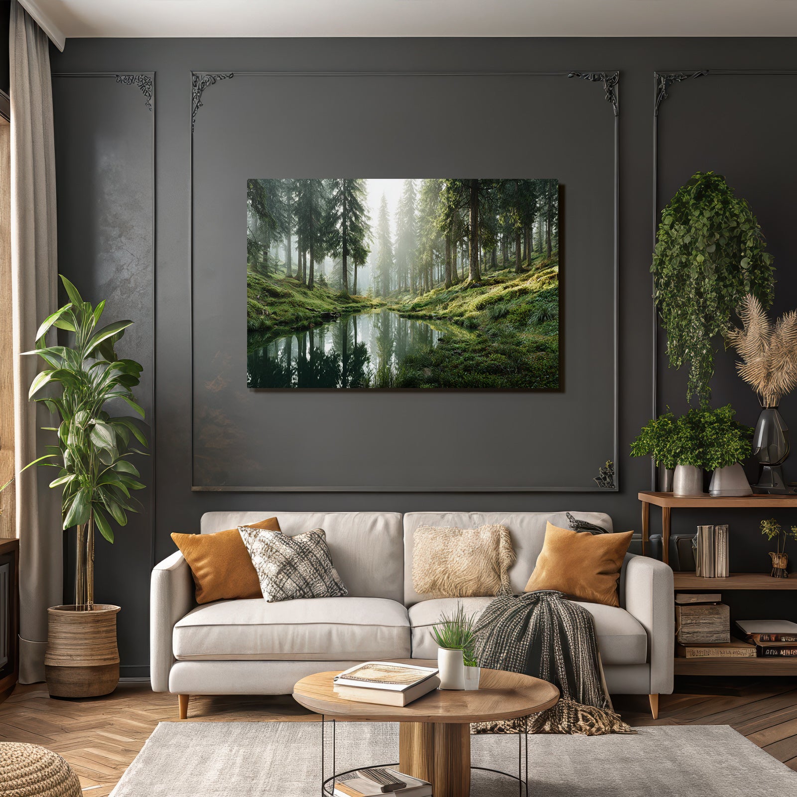Forests and meadows. Tranquil forest scene with water reflections. Peaceful nature atmosphere.