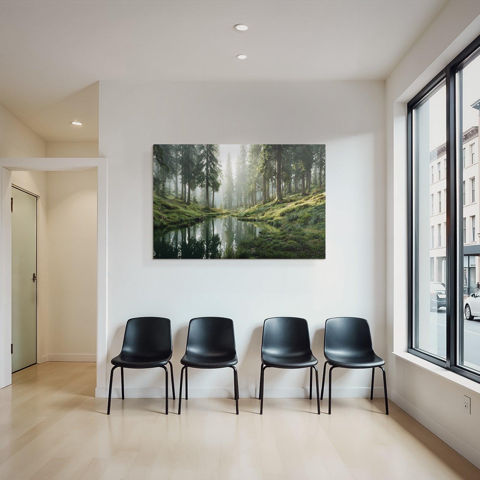 Forests and meadows. Tranquil forest scene with water reflections. Peaceful nature atmosphere.