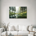 Forests and meadows. Tranquil forest scene with water reflections. Peaceful nature atmosphere.