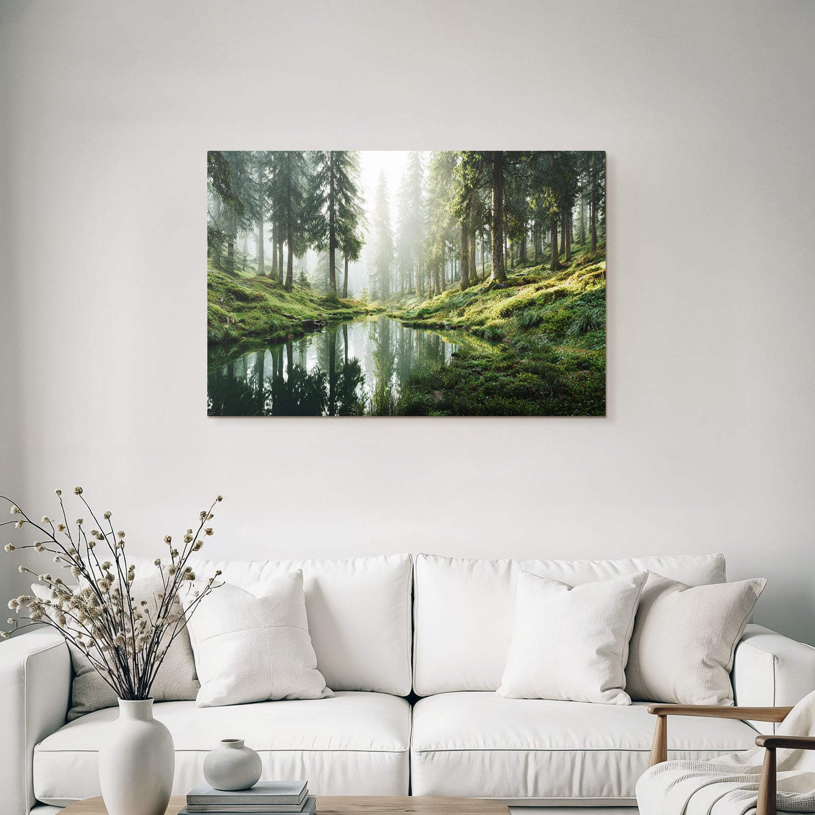 Forests and meadows. Tranquil forest scene with water reflections. Peaceful nature atmosphere.