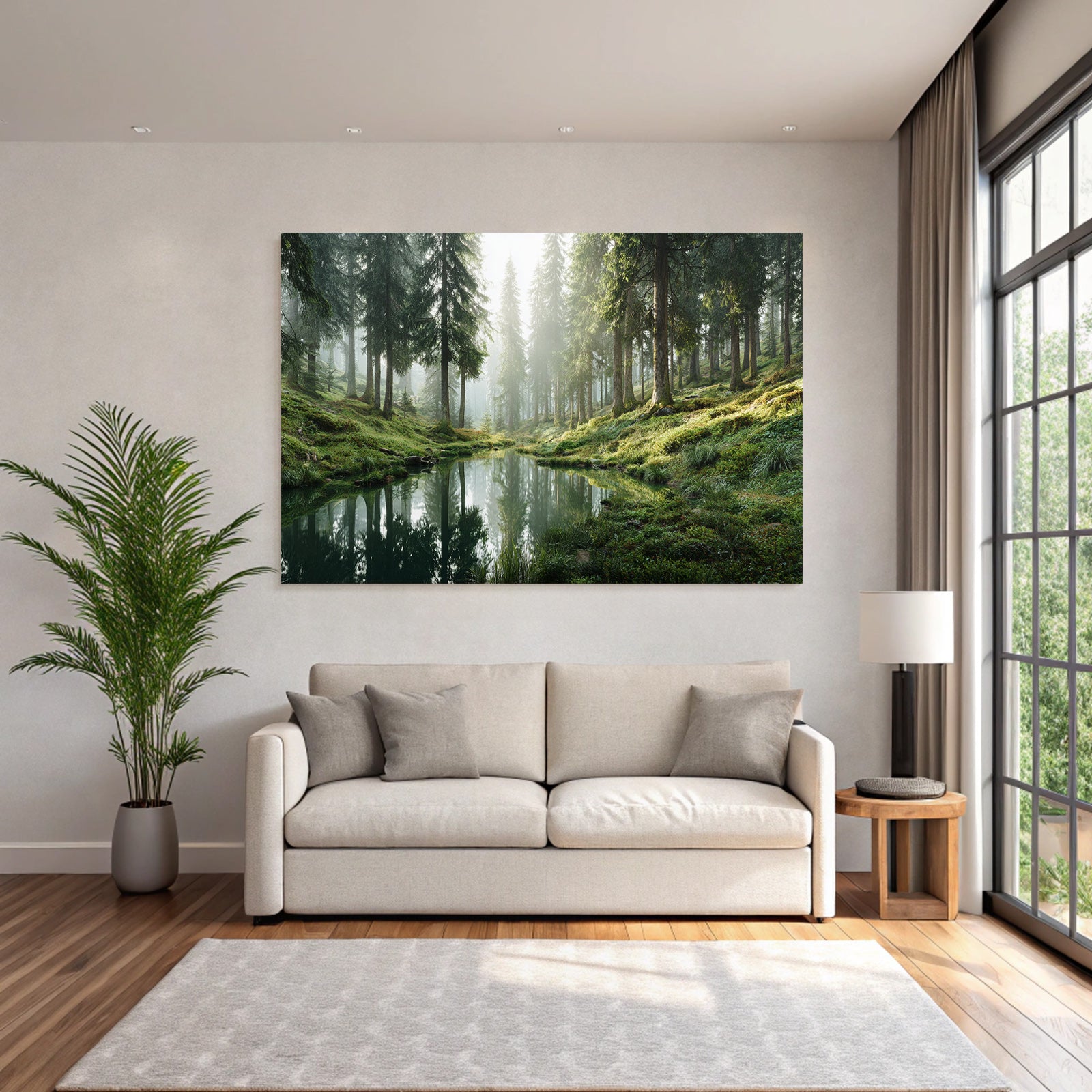 Forests and meadows. Tranquil forest scene with water reflections. Peaceful nature atmosphere.
