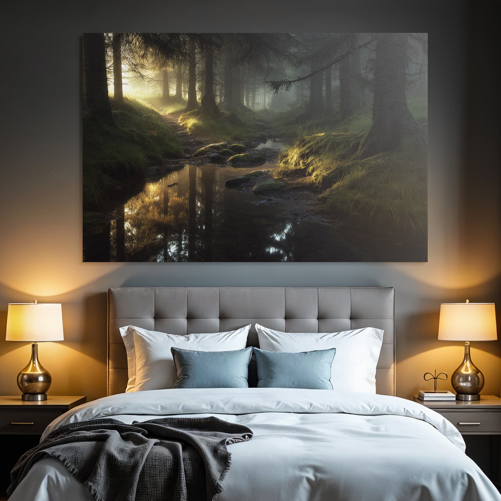 Forests and meadows. Quiet forest path with trees and stream in the morning.